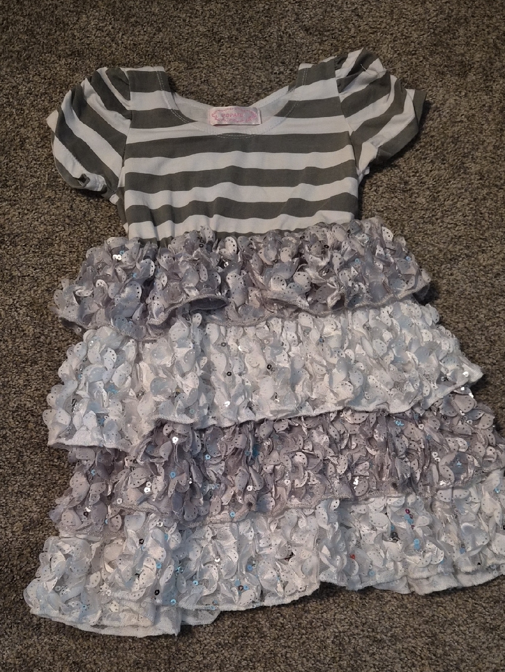 Popatu Gray and White Striped Ruffle Tier Dress